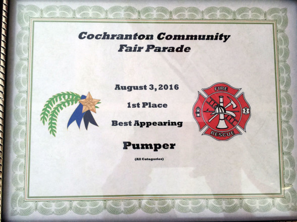 Award for best appearing pumper, awarded to Engine 28-13
