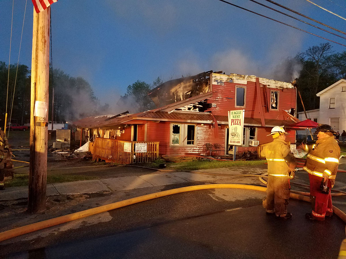 Front view of Eagle Nest Pizza in Linesville, destroyed in an overnight fire