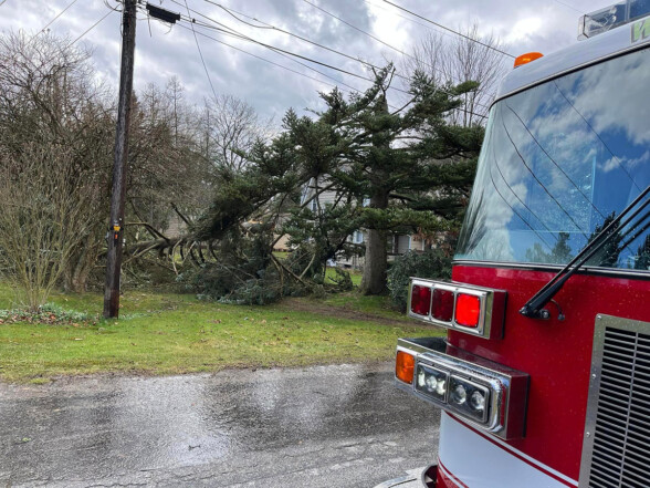 Engine 28-11 at the scene of tree down on wires