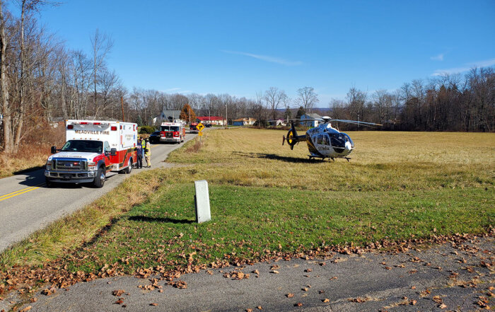 STAT MedEvac, Meadville Fire, West Mead 1 and 2 on scene as STAT MedEvac prepares to transport a patient who suffered a cardiac arrest in the woods