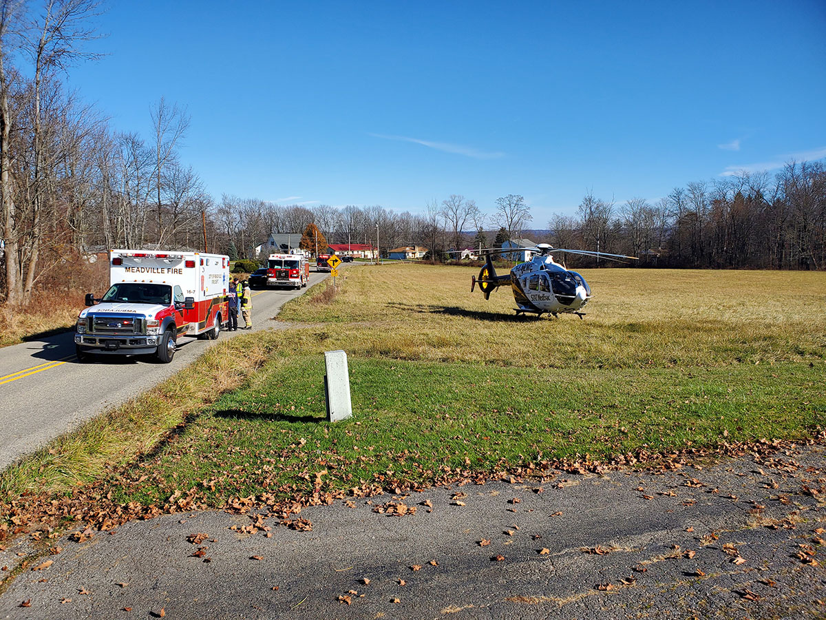 STAT MedEvac, Meadville Fire, West Mead 1 and 2 on scene as STAT MedEvac prepares to transport a patient who suffered a cardiac arrest in the woods